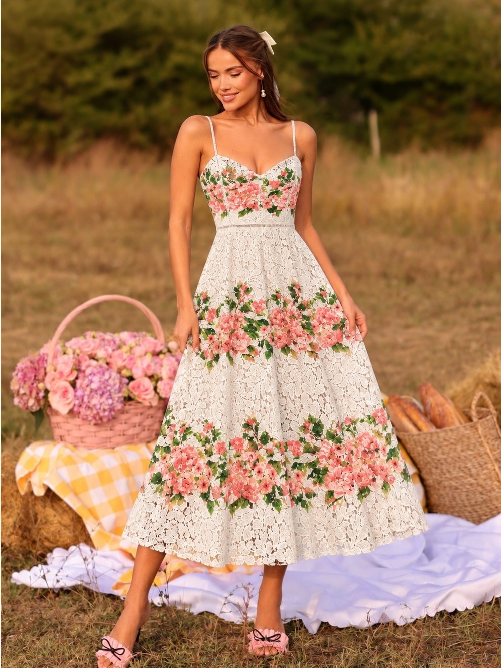 Champagne & Strawberry Sleeveless Strappy Embroidered Floral Lace Midi Dress
